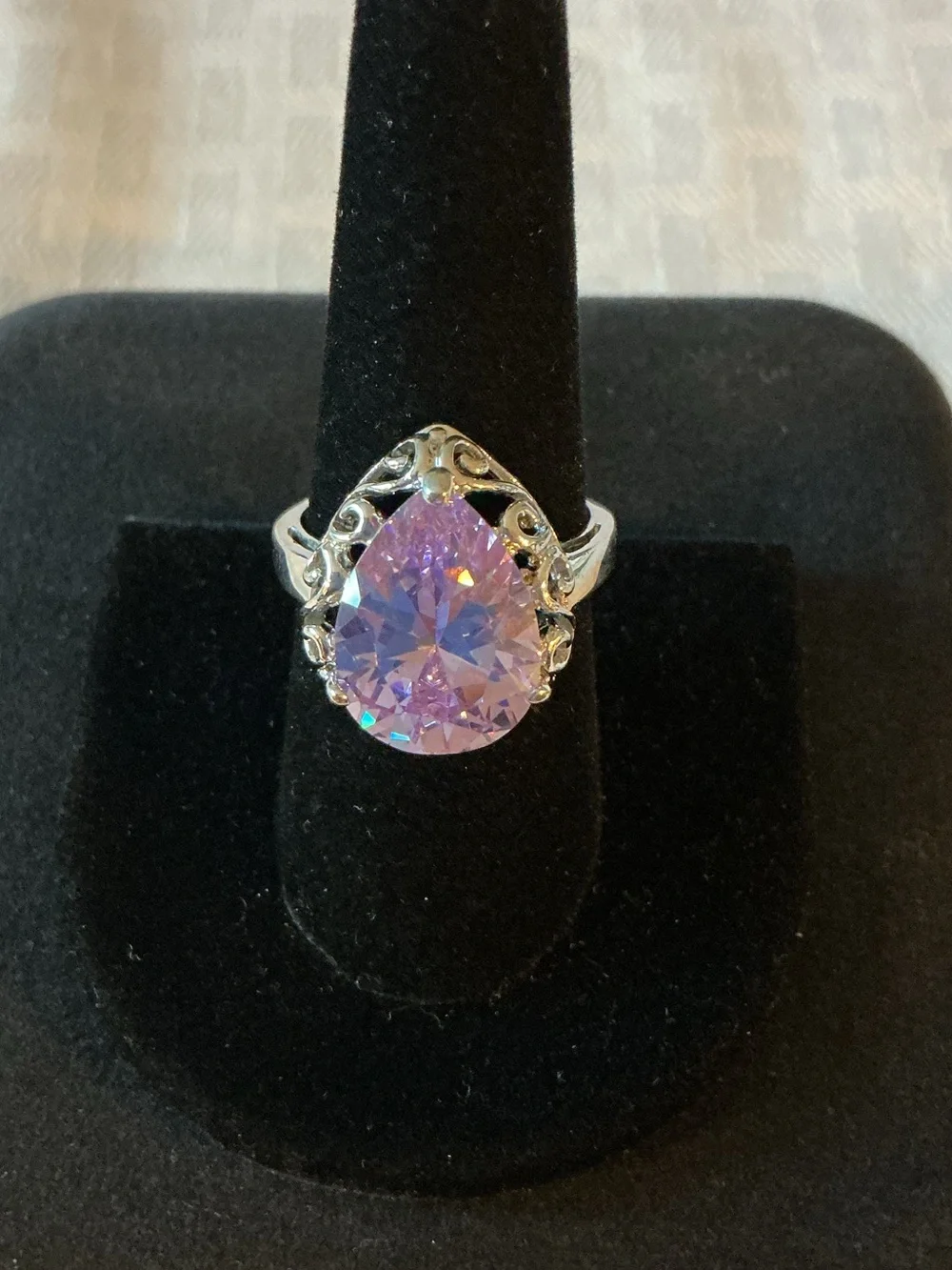 Lavender Pear Cut Cubic Zirconia Silver Tone 3.5 Carat DEW Ring